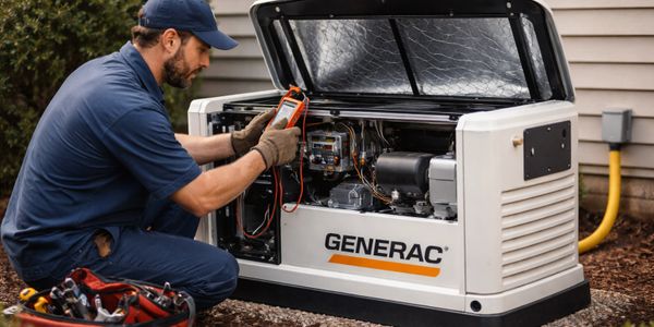 Technician repairs a Generac generator using a multimeter outdoors.