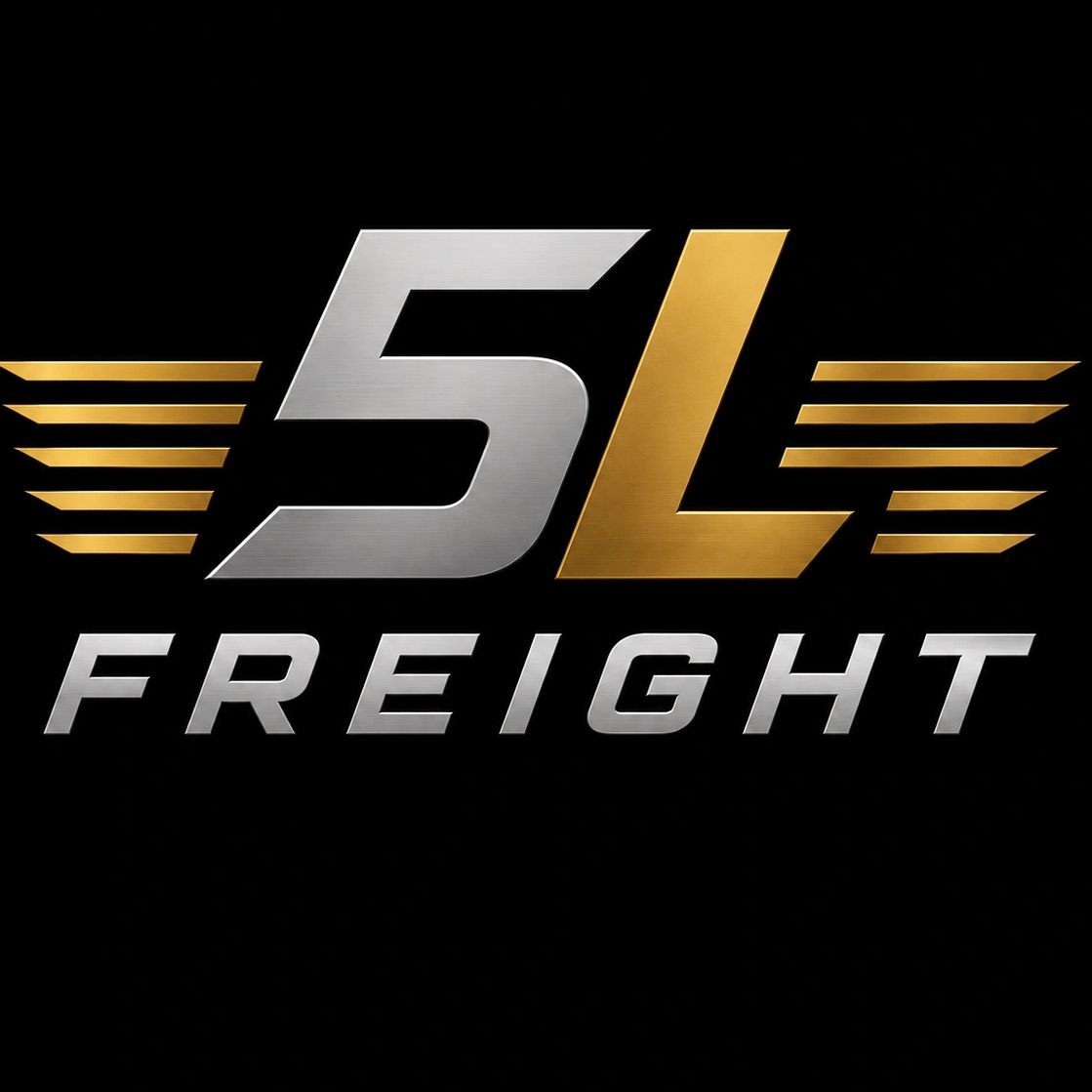 Logo for 5L Freight with metallic silver and gold lettering on black background.