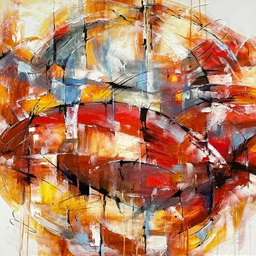 Abstract painting in bright red, yellow, gray and black.