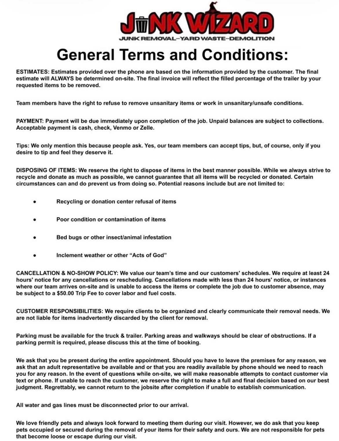 Junk Wizard general terms and conditions for junk removal services.