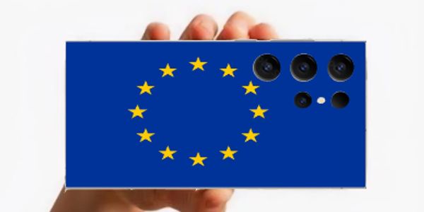 Hand holding a phone with European Union flag design.