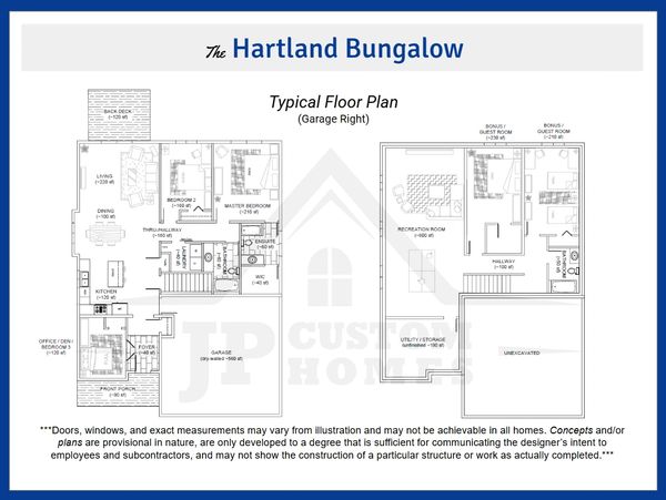 Modern floorplan with 5 bedrooms, 3 baths, island kitchen, laundry room, recreation room, and garage