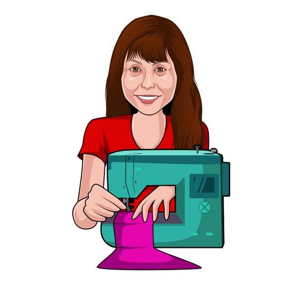 Woman happily sewing purple fabric on a green sewing machine.