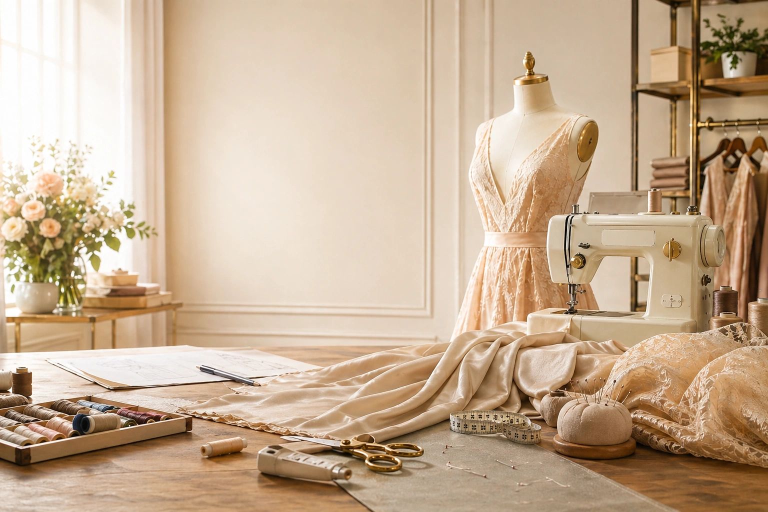 Elegant sewing workspace with vintage sewing machine and peach-colored dress on mannequin.