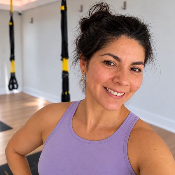 Woman in a purple tank top smiling at the gym.