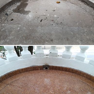 Imagem do antes e depois de uma limpeza pós obra do qual o piso estava coberto de cimento.