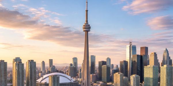 Toronto skyline with CN Tower at sunset.