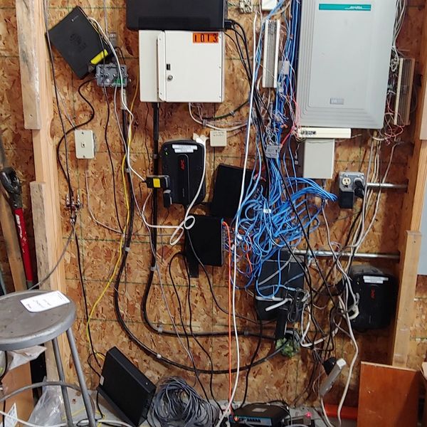 An unorganized, network setup. You cannot track any cables or discern what any device is.