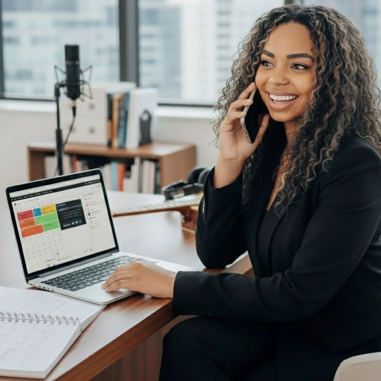 Smiling woman talking on phone while working on laptop in office.