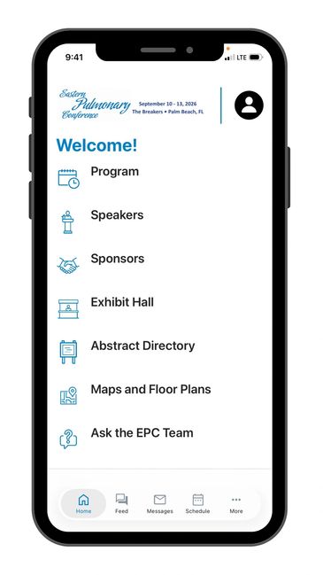 Conference app interface with menu options and navigation bar.