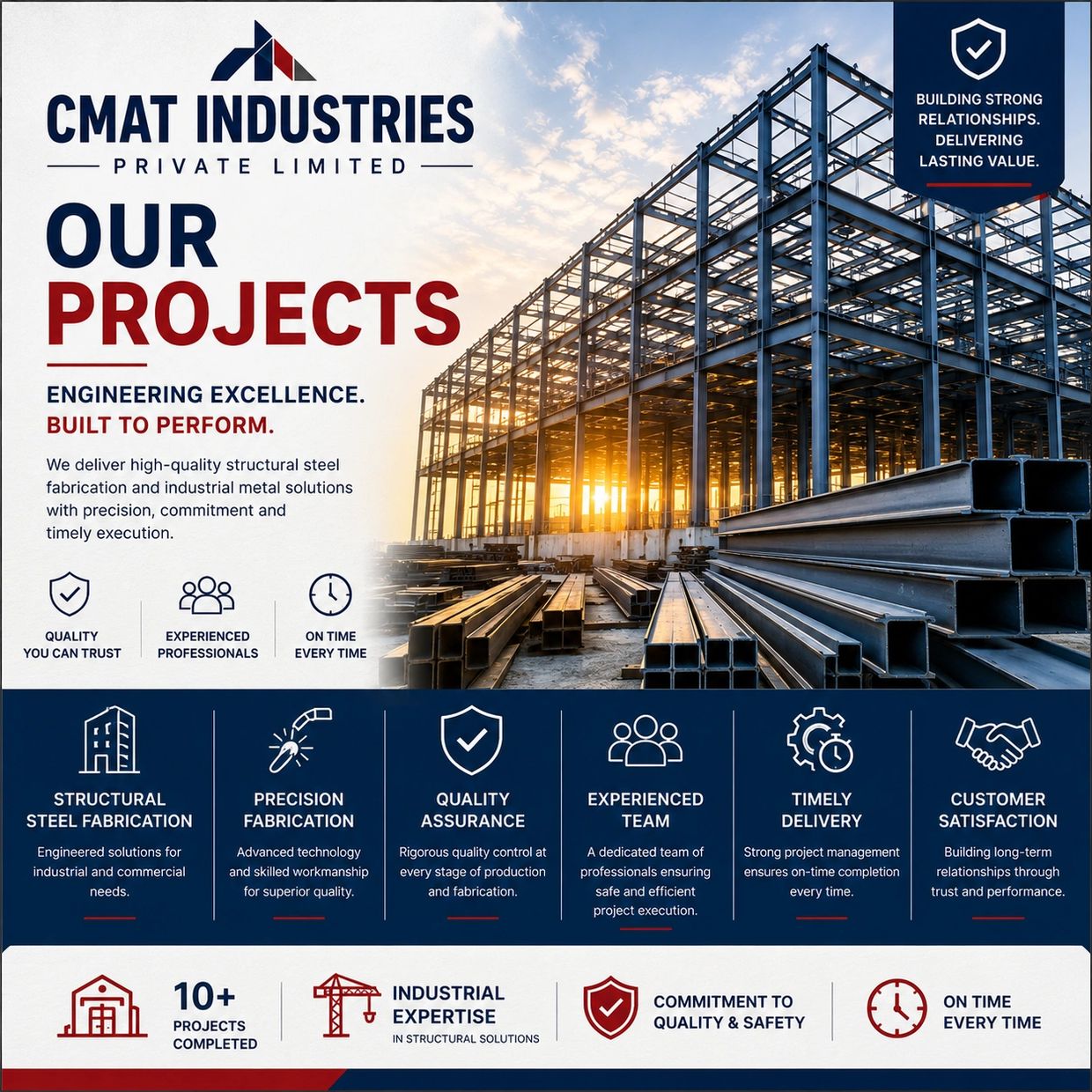 Industrial steel structure with company project details.