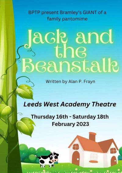 Poster for Jack and the Beanstalk pantomime at Leeds West Academy Theatre.