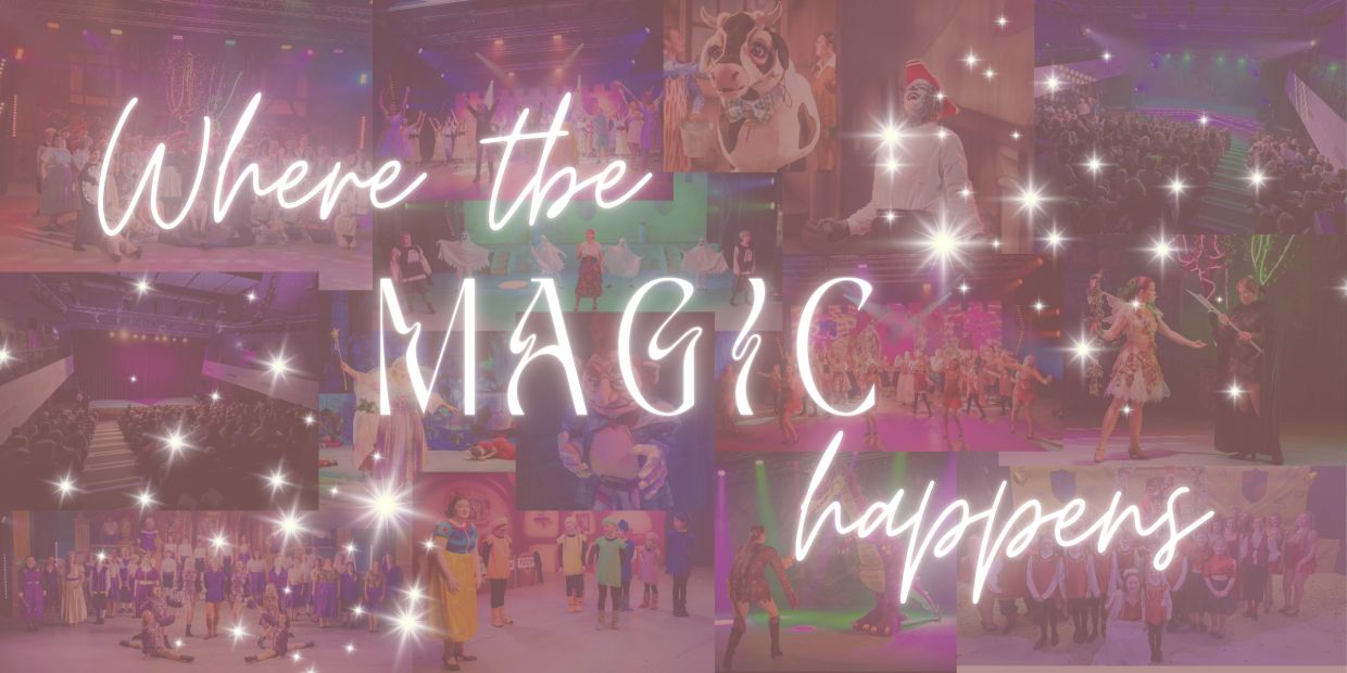 Collage of theatrical performances with text 'Where the Magic Happens' and sparkling effects.