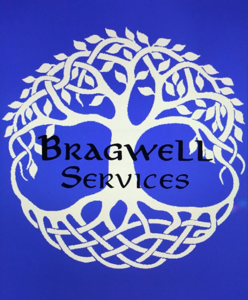Logo of Bragwell Services with a white tree on blue background.