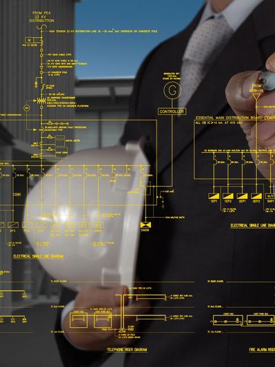 Engineer pointing at electrical schematic with hard hat.