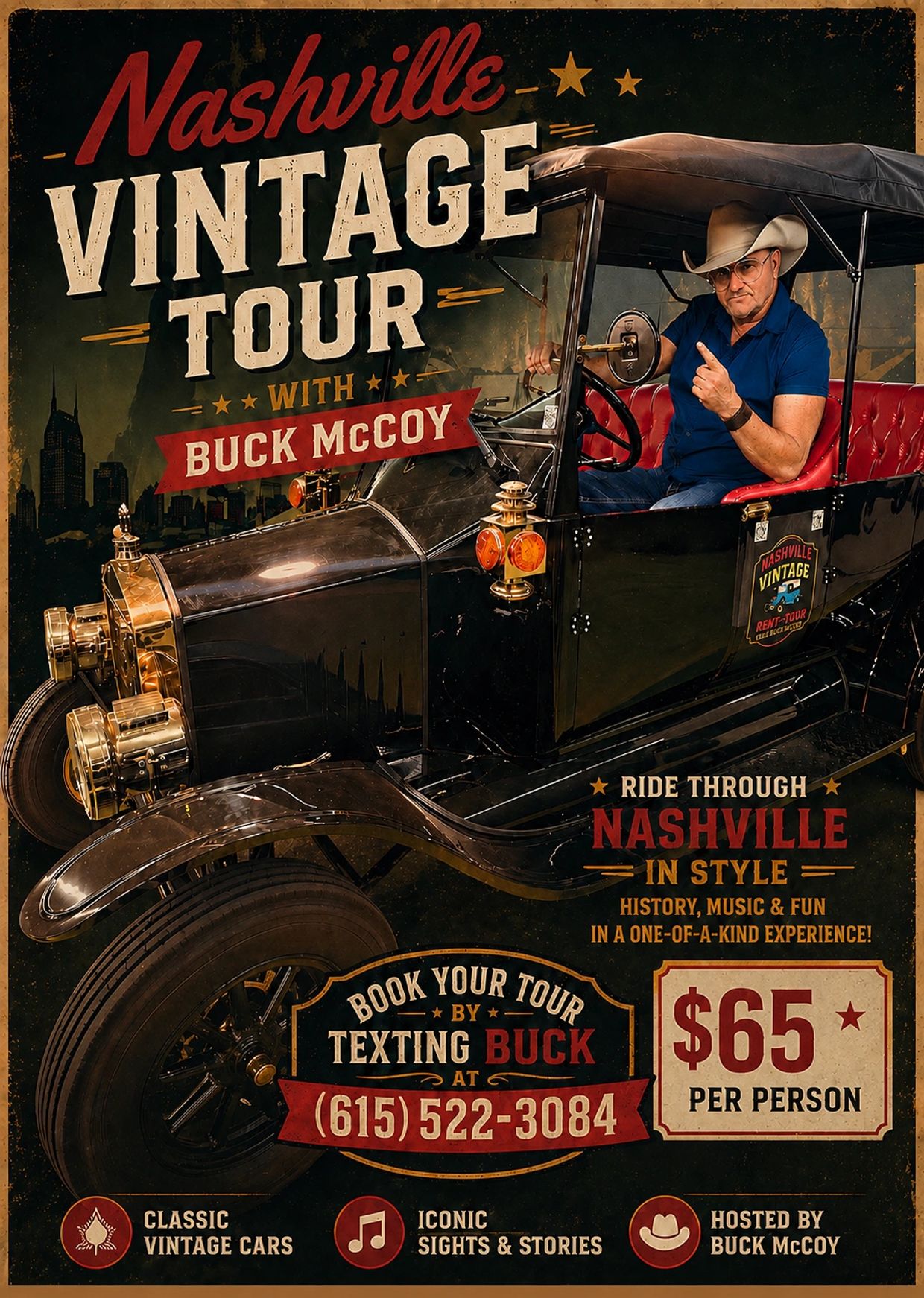 Nashville Vintage Tour poster with Buck McCoy and a vintage car.