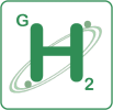 Graphic of an H2 molecule with orbiting electrons and a G symbol.