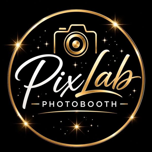Elegant logo for PixLab Photobooth with gold and white text on black.
