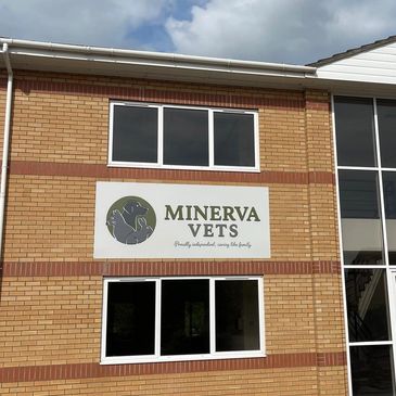 Sign for Minerva Vets on brick building.