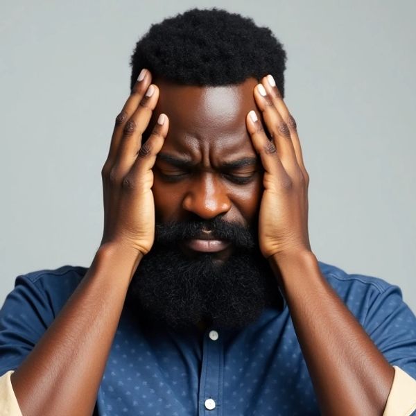 Image of a black man holding his head in both his hands, looking disappointed.
