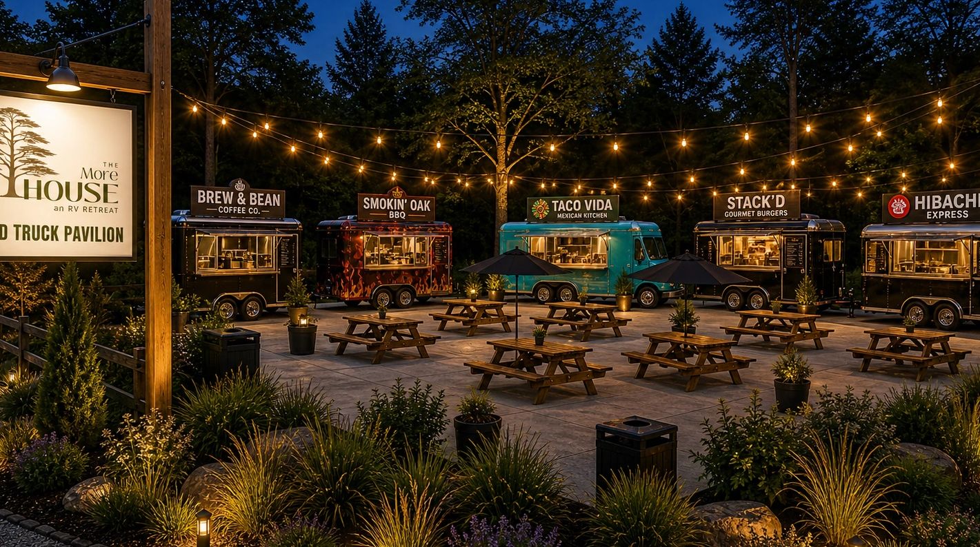 Outdoor food truck pavilion lit up at night with picnic tables.