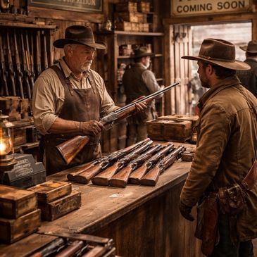 Two men in a rustic gun shop examining rifles getting ready for an auction.