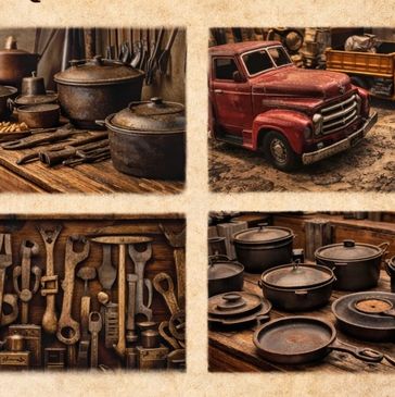 Vintage tools, cookware, and toy trucks displayed on wooden surfaces.