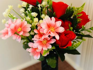 Birthday Bouquets for Cemetery Grave Markers | Red Silk Roses with White Pink Flowers, Ground Stake 
