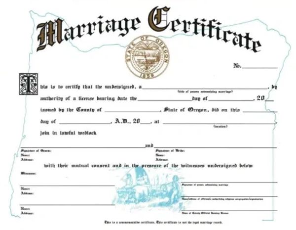 Blank Oregon marriage certificate template.