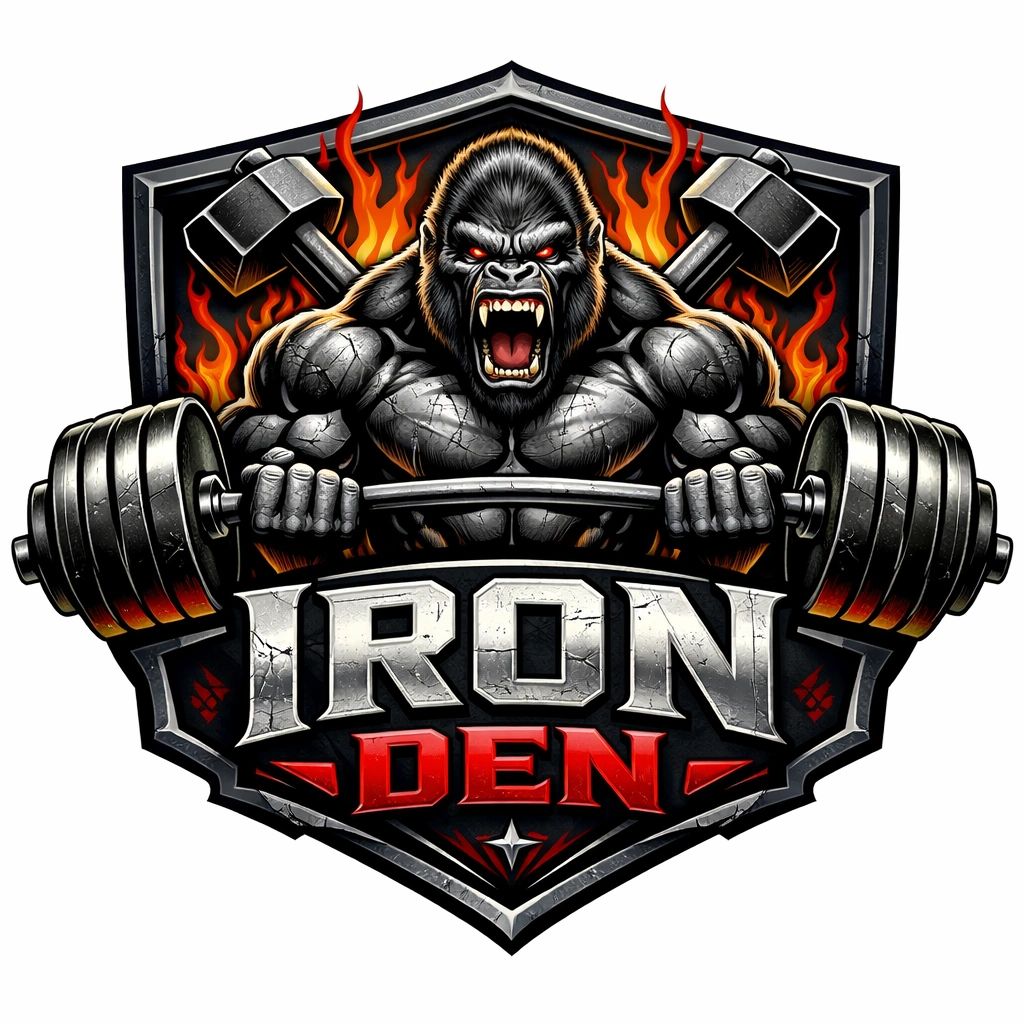 Muscular gorilla lifting heavy barbell with 'IRON DEN' text.