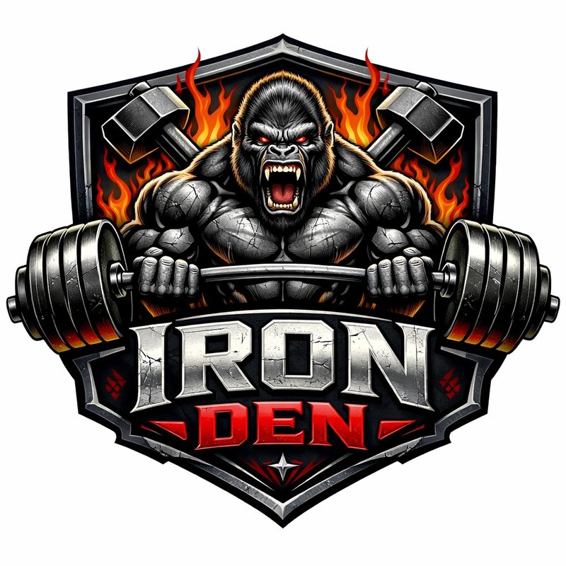 Desert City Iron Den Logo of a Gorilla lifting weights. 