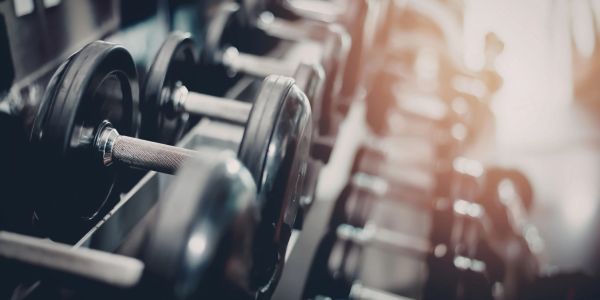 Close-up of dumbbells in a gym.