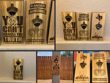 Custom laser-engraved wood bottle openers – bold, personal, and ready to mount. 