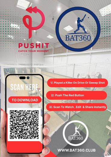 Promotion for BAT360 cricket video app with QR code for instant download.
