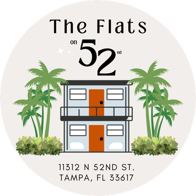 Logo of The Flats on 52nd with a building and palm trees.