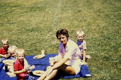 Labor Day 1959 at the park: Marilyn Barnes and her children, Bonnie, Jim, John, and Jack.