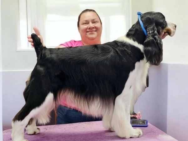 Woman posing with a black and white dog.