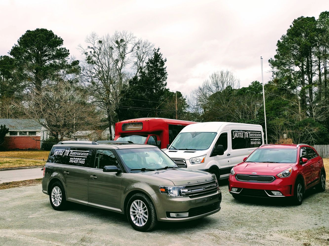 Our Fleet consists of a Shuttle bus, a Ford Transit, a Ford Flex,  and two Kia Niros. 