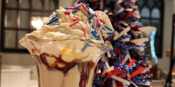Ice cream sundae with patriotic sprinkles.