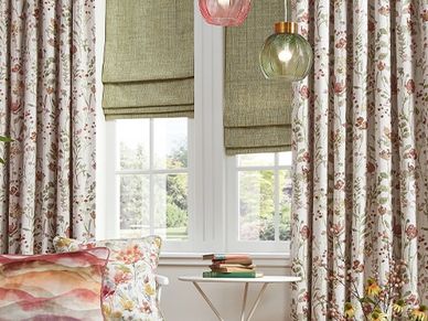 Roman blinds with curtains and upholstery