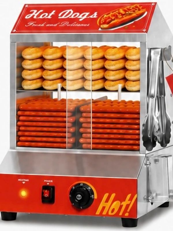 Hot dog warmer with buns and hot dogs inside.