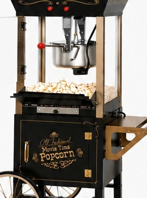 Vintage-style popcorn machine filled with popcorn.