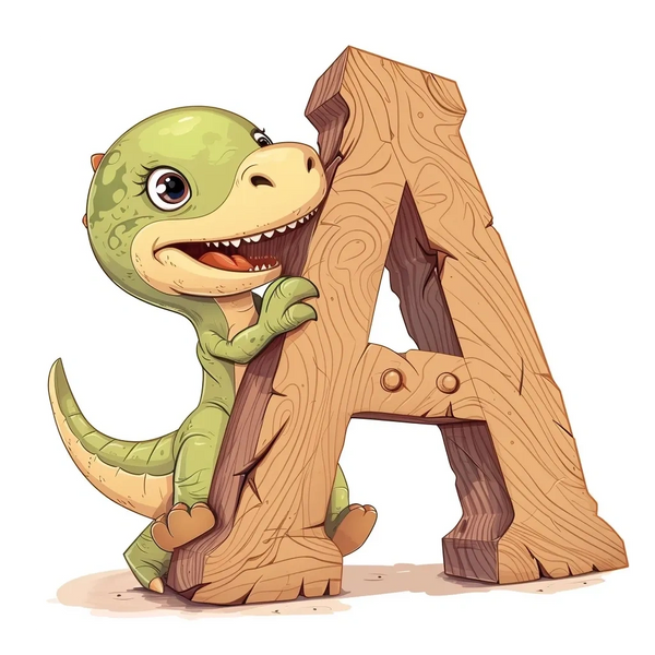 Letter A. Playful dinosaur. Cartoon alphabet