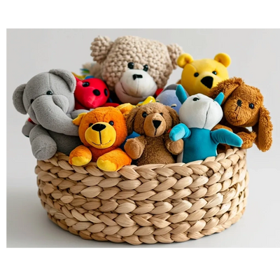 Stuffed animal toys in a basket. Colorful children's toys.