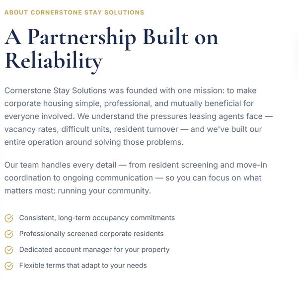 Text about Cornerstone Stay Solutions' reliable corporate housing services and commitments.
