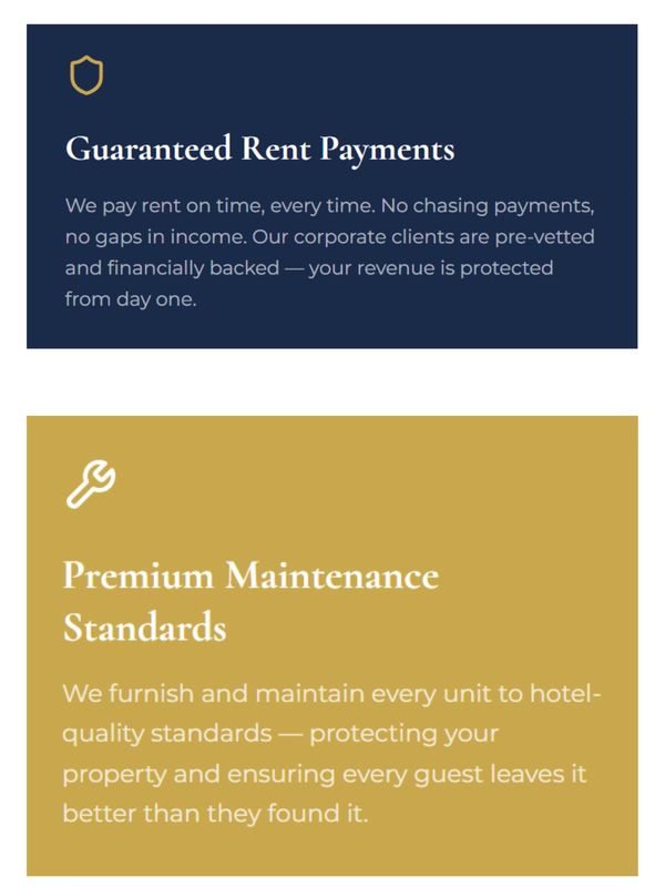 Guaranteed rent payments and premium maintenance standards ensure reliable income and quality property care.