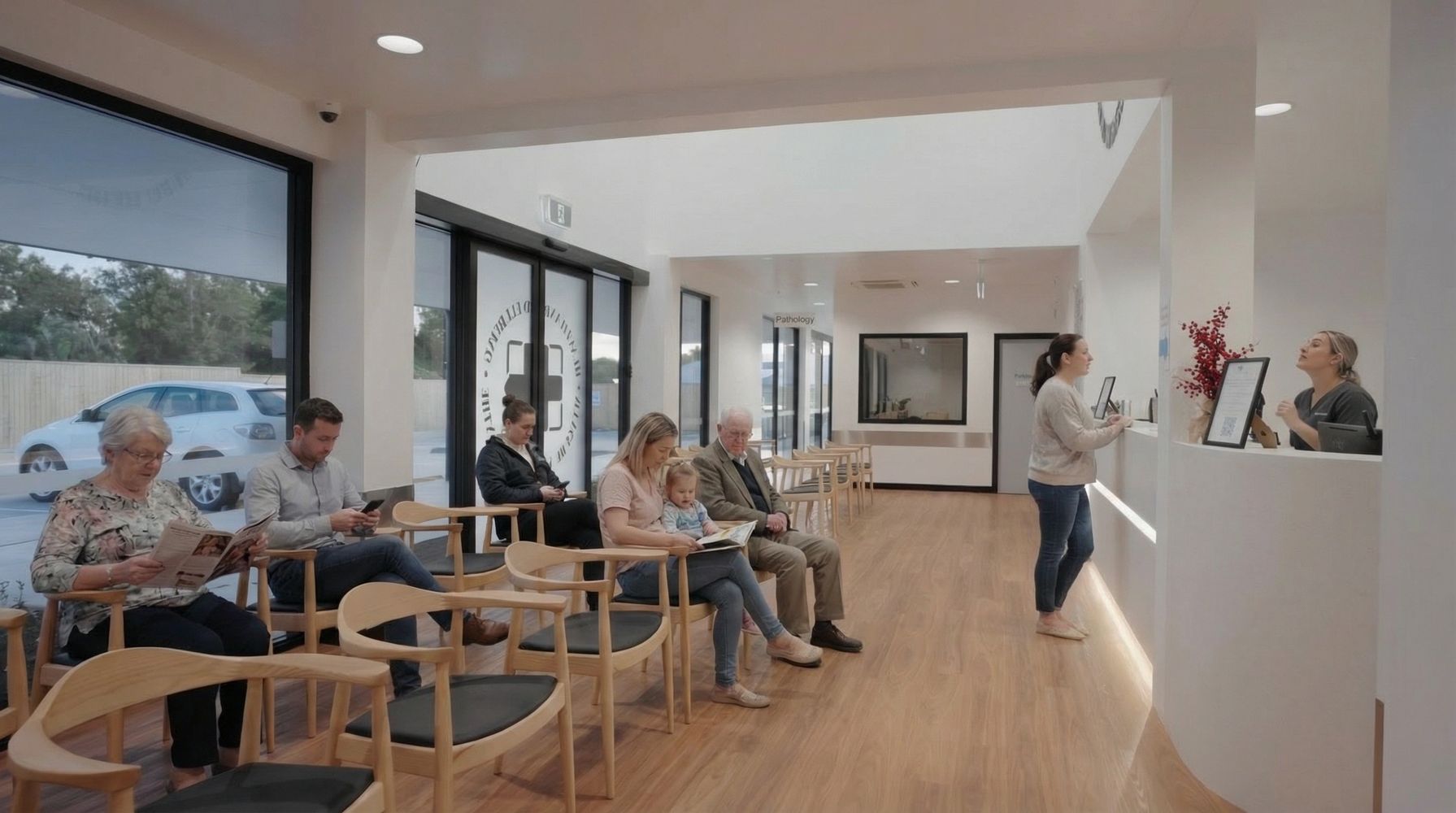 Medical staff in green scrubs reviewing patient notes on a clipboard.