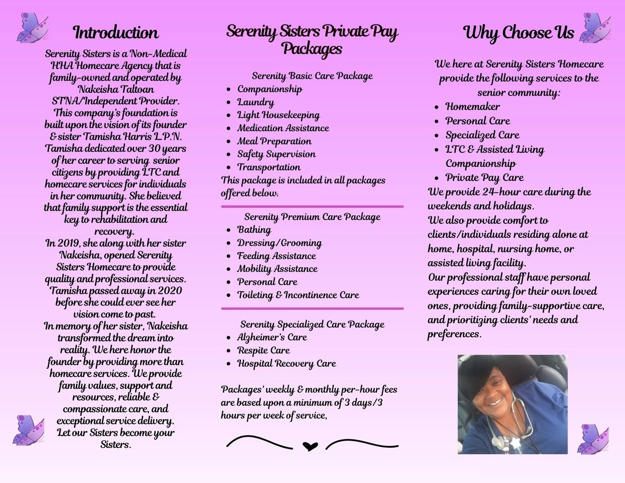 Informational flyer about Serenity Sisters Homecare services and packages.