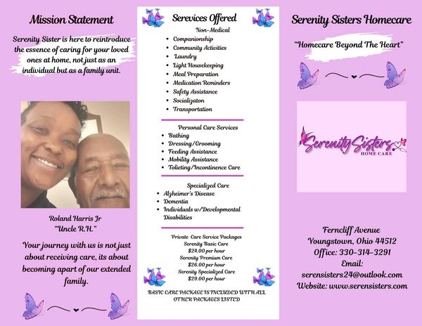 Serenity Sisters Homecare brochure with mission, services, and contact info.