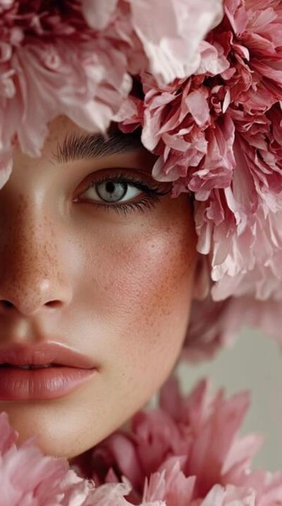 Close-up of a woman's face surrounded by soft pink flowers.